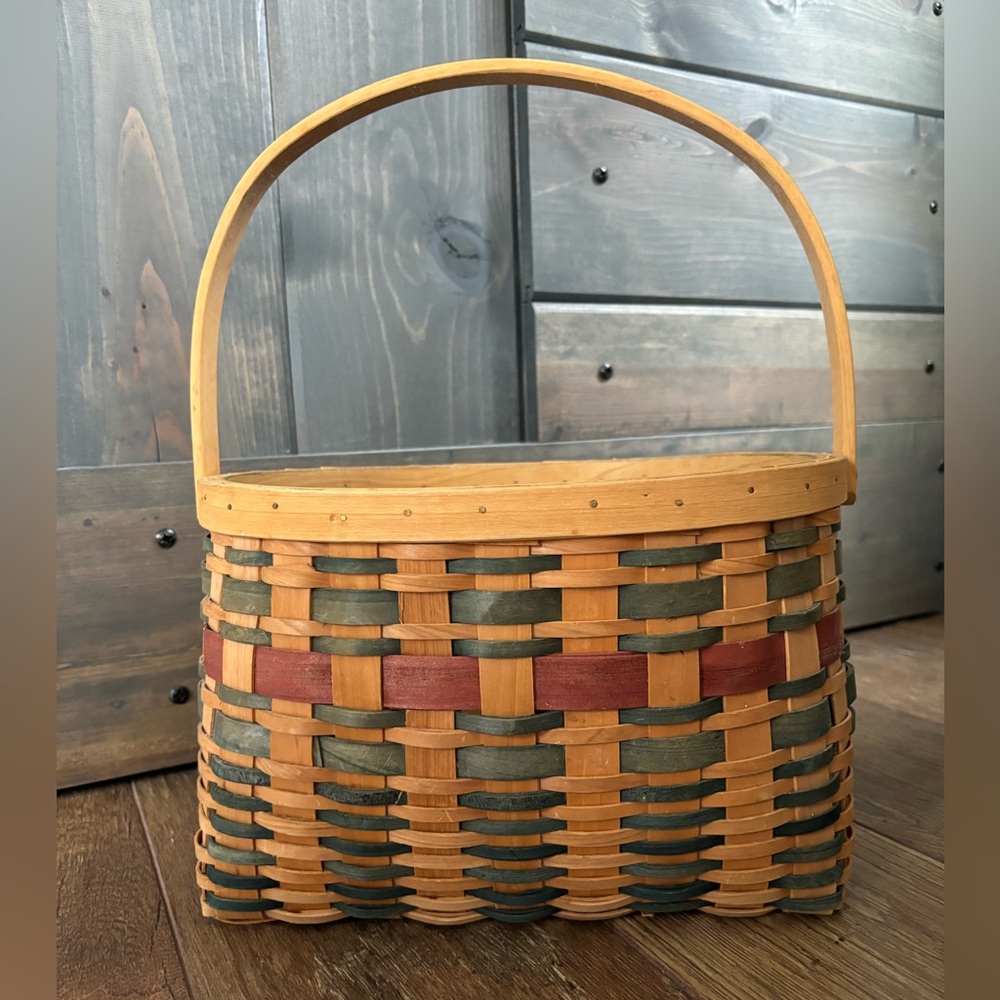 Oval Basket with Handle in Natural Brown, Green & Red/Maroon Colors